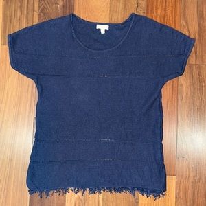 Garnet Hill navy blue linen organic cotton short sleeve sweater fringe bottom XS